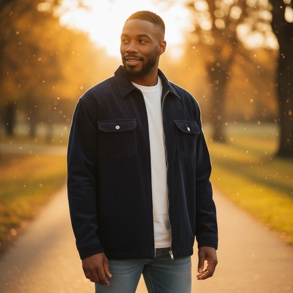 Vintage Corduroy Navy Blue Zip Up Shacket Oversized Baggy Jacket Streetwear Mens - Picture 6 of 16